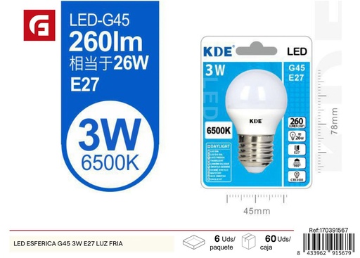 [170391567] Bombilla LED esférica G45 3W E27 luz fría - Iluminación LED
