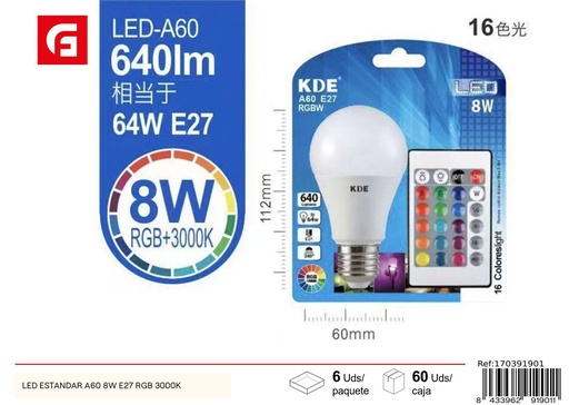 [170391901] Bombilla LED estándar A60 8W E27 RGB 3000K - Iluminación decorativa