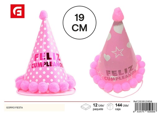 [203915956] Gorro fiesta triangular pequeño - Felices Cumpleaños - Rosa con pompones - Artículos para fiestas