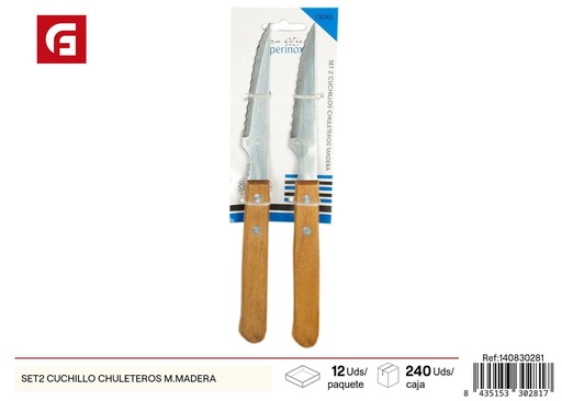 [140830281] Set de 2 cuchillos chuleteros con mango de madera para carnes