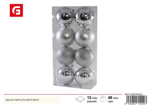 [207422] Bolas de Navidad 7cm plata mixto 8pcs para decoración navideña