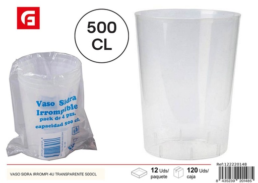 [122220148] Vaso irrompible transparente 500CL 4U - Desechables