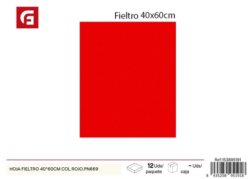 [153895191] Hoja de fieltro roja 40 x 60 cm PN669 - Material de manualidades y arte