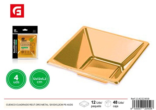 [114222459] Cuenco cuadrado reut. oro metal 12x12x5,2 cm PS 4 u - Utensilios navideños