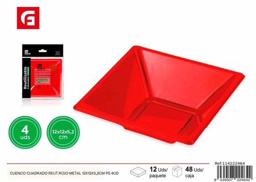 [114222464] Cuenco cuadrado reutilizable rojo metalizado PS 12x12x5.2cm 4ud para fiestas