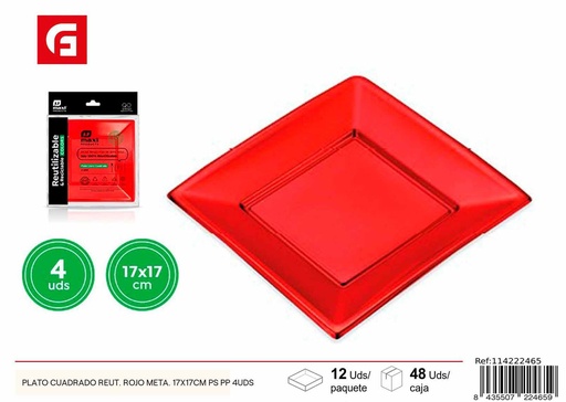 [114222465] Plato cuadrado reutilizable rojo metálica 17x17cm 4 uds - Utensilios de desechables