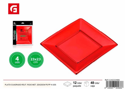 [114222466] Plato cuadrado reutilizable rojo metálica 23x23cm 4 uds - Utensilios de desechables