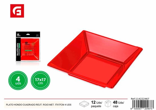 [114222467] Plato hondo cuadrado reutilizable rojo metálica 17x17cm 4 uds - Utensilios de desechables