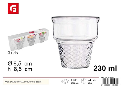 [201413485] Pack de 3 vasos cristal cucurucho 230 ml - Vajilla de helados