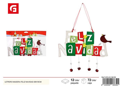 [201413639] Letrero de madera Feliz Navidad 28x13cm para decoración navideña