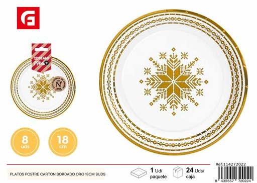 [114272022] Platos de postre de cartón bordado oro 18cm 8uds para fiestas