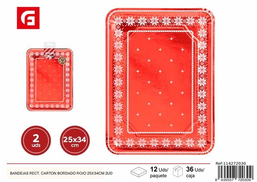 [114272030] Bandejas rectangulares de cartón bordado rojo 25x34cm 2 uds para fiestas