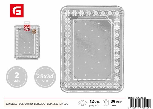 [114272040] Bandejas rectangulares de cartón bordado plata 25x34cm 2ud para servir