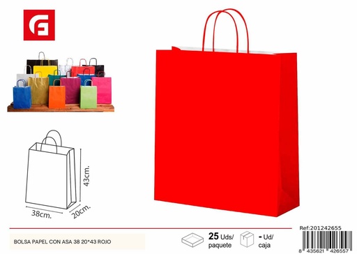 [201242655] Bolsa papel con asa 38+20*43 rojo - Embalaje y regalos