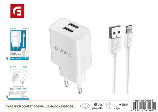 [189061166] Cargador doméstico dual USB 2.4A con juego de cables