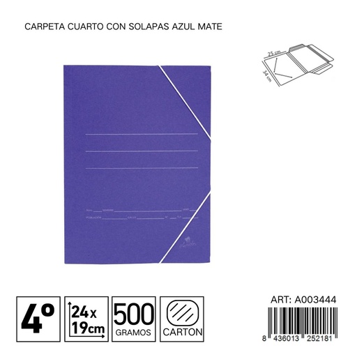 [A003444] Carpeta cuarto con solapas azul mate 500 g - Materiales de oficina