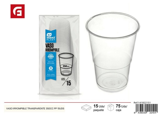 [141822151] Vaso irrompible transparente 350cc PP 15uds para fiestas y eventos