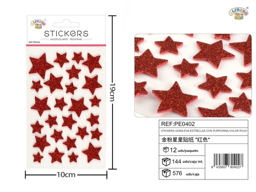 [PE0402] Pegatina de goma EVA estrellas con purpurina color rojo 10x19 cm - Decoraciones navideñas