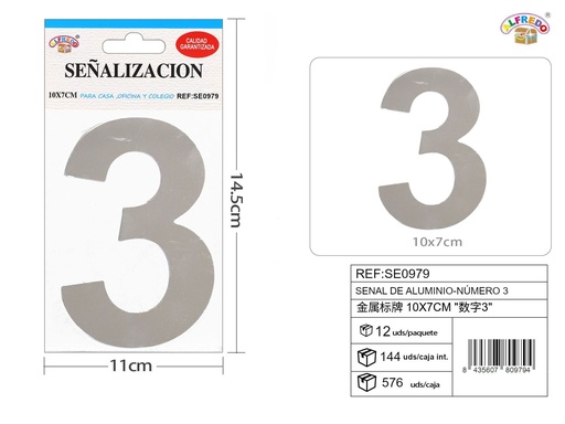 [SE0979] Señal de aluminio - Número 3 10x7cm - Señales metálicas