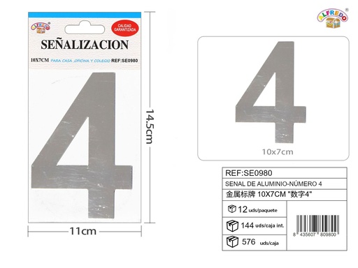 [SE0980] Señal de aluminio - Número 4 10x7cm - Señales metálicas