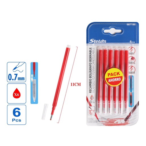 [687198] Recambio de bolígrafo borrable rojo 0.7mm 6pcs - Material de escritura