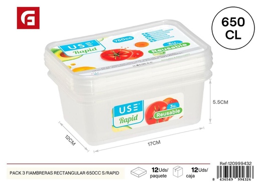 [120999432] Pack 3 fiambreras rectangulares 650cc sin bisfenol A para almacenamiento y transporte