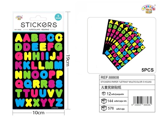 [88808] Stickers papel "Letras" multicolor 5 hojas 10x19 cm - Pegatinas para niños