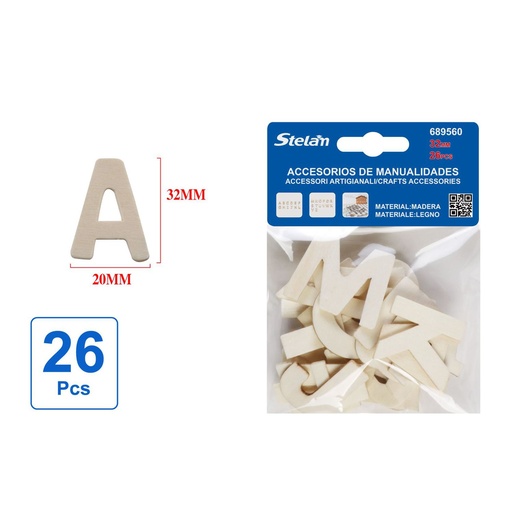 [689560] Set de letras de madera natural 3.2cm para manualidades (26 piezas)