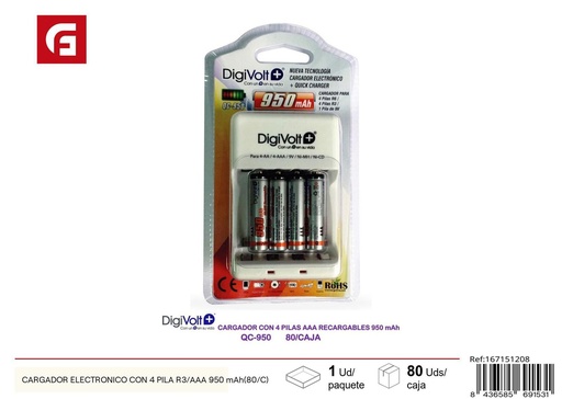 [167151208] Cargador electrónico con 4 pilas R3/AAA 950 mAh para dispositivos recargables