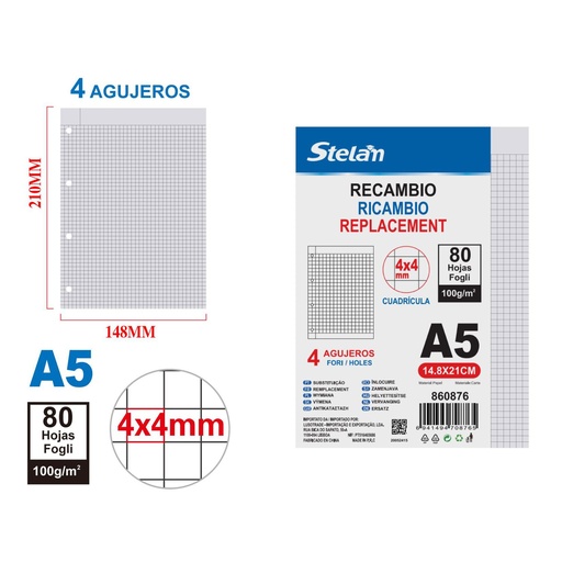 [860876] Recambio de papel A5 cuadriculado 4x4 100 hojas para agendas