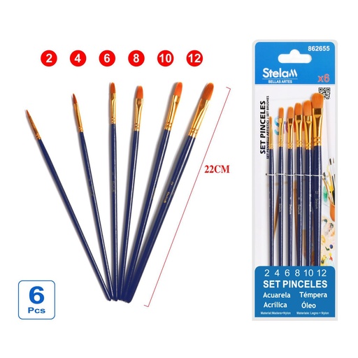 [862655] Set de pinceles con mango azul 6 piezas para pintura y manualidades