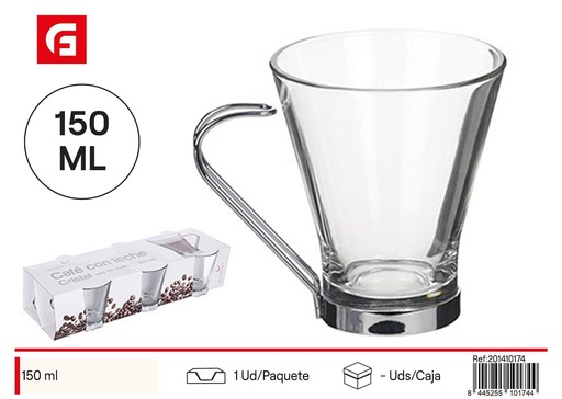 [201410174] Taza de cristal para café con leche y asa de metal 150ml - Vajilla de café