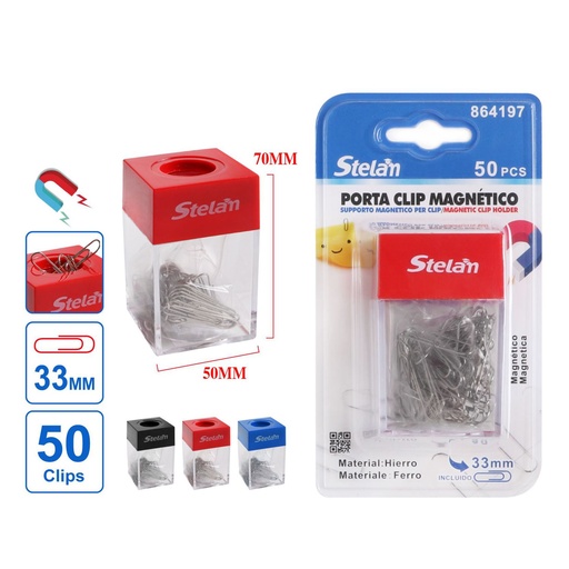 [864197] Porta clip magnético con clips plateados 33mm para organización de escritorio