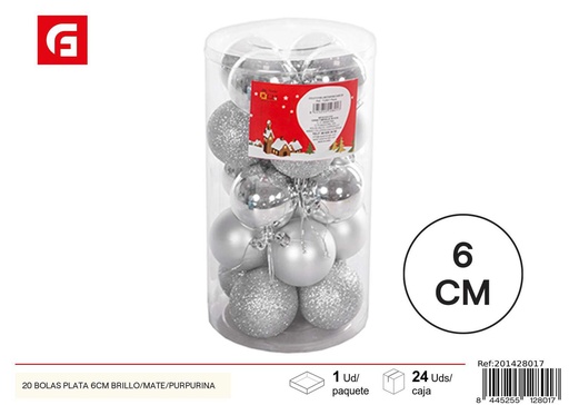 [201428017] 20 bolas de navidad plata 6 cm brillo/mate/purpurina - Decoraciones navideñas