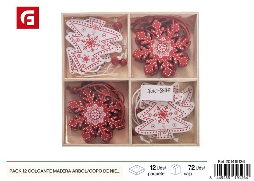 [201419126] Pack 12 colgante madera árbol/copos de nieve rojo y blanco - Decoraciones navideñas