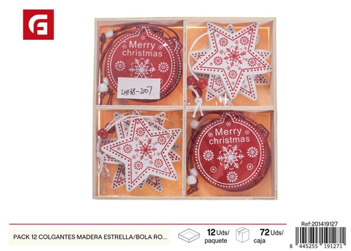 [201419127] Pack 12 colgantes madera estrella/bola rojo y blanco - Decoraciones navideñas