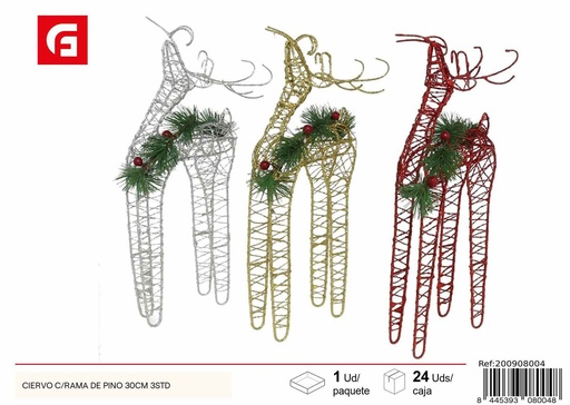 [200908004] Ciervo con rama de pino 30cm 3 unidades para decoración navideña
