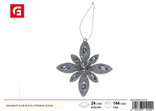 [200915119] Colgante de flor en plata con piedras 13.5cm para adornos navideños