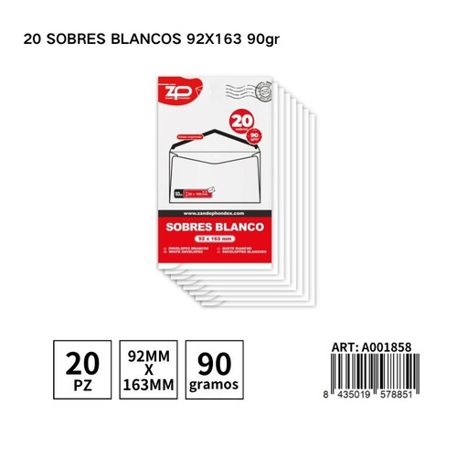 [A001858] Paquete de 20 sobres blancos 92x163 90g - Papelería y empaques