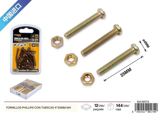 [00174] Tornillos Phillips con tuercas 4x25mm+M4 para fijación