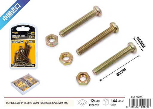 [00178] Tornillos Phillips con tuercas 5*30mm+M5 - Accesorios de ferretería