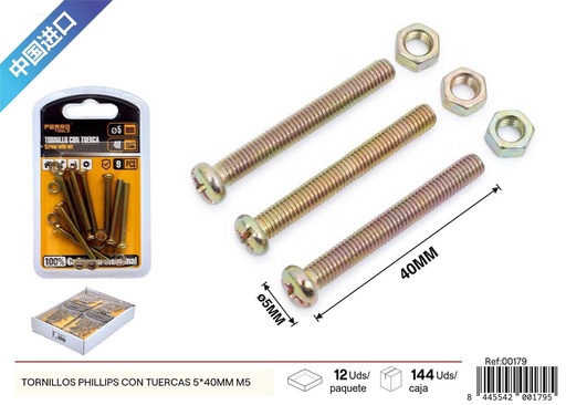 [00179] Tornillos Phillips con tuercas 5*40mm M5 para montaje y fijación