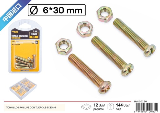 [00180] Tornillos Phillips con tuercas 6x30mm+M6 para ensamblajes