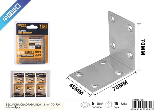 [04755] Escuadra cuadrada inox 1.8mm 70x70x48mm 4pcs para soportes y construcción