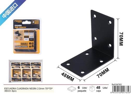 [04765] Escuadra cuadrada negra 2.0mm 70x70x48mm 4pcs para soporte y fijación