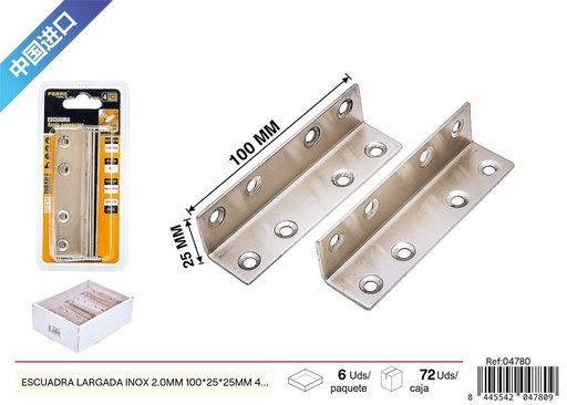 [04780] Escuadra largada inox 2.0mm 100x25x25mm 4 piezas