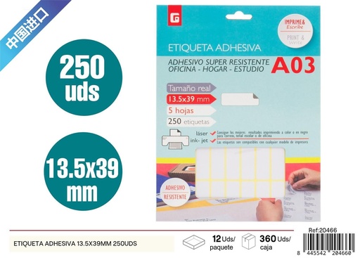 [20466] Etiquetas adhesivas blancas 13.5 x 39 mm 250 pcs - Material de oficina y etiquetas