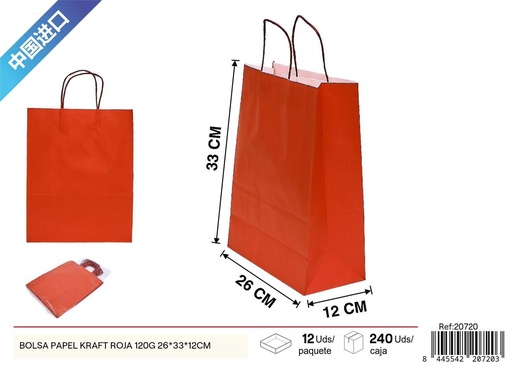 [20720] Bolsa de papel kraft roja 120g 26x33x12 cm - Bolsa de regalo