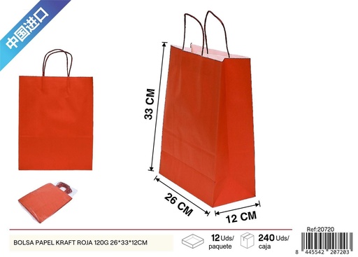 [220720] Bolsa de papel kraft roja 120g 26x33x12 cm - Embalaje y regalos