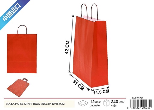 [20721] Bolsa de papel kraft roja 120g 31x42x11.5 cm - Regalos y empaques